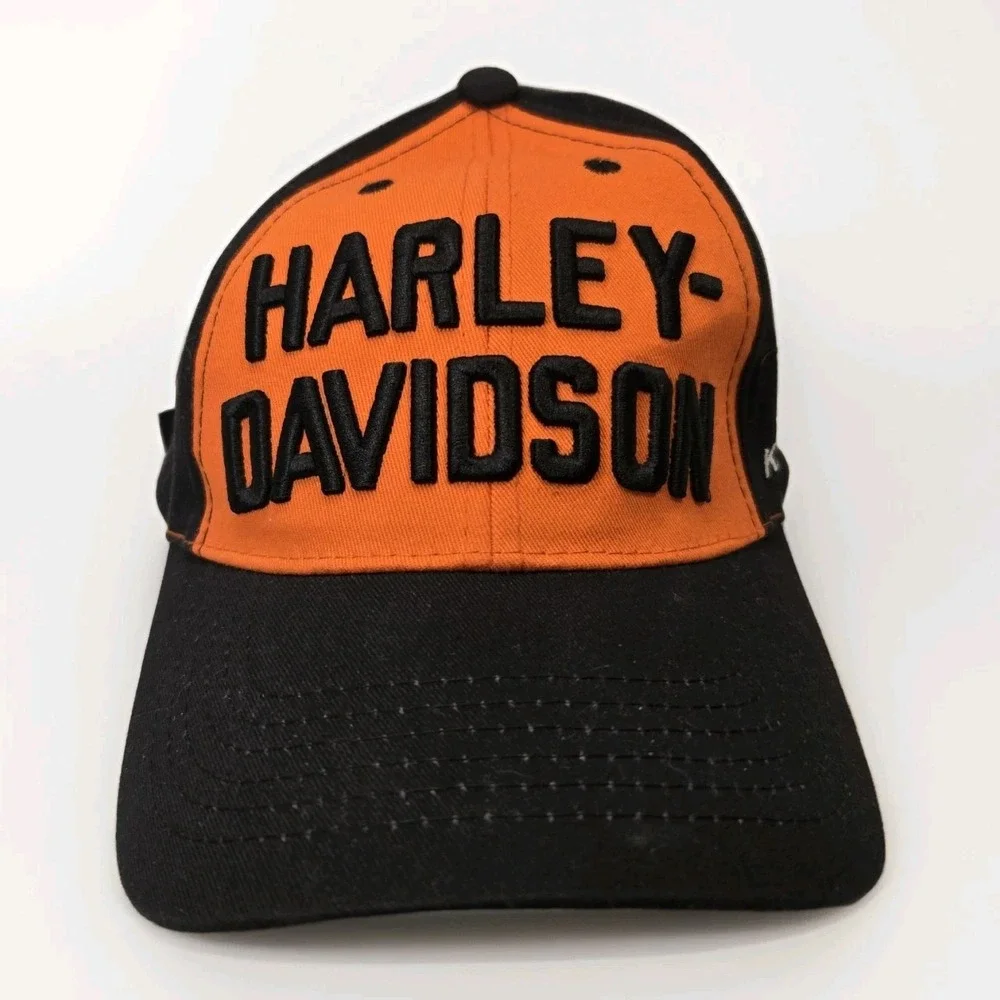 Harley-Davidson Motorcycle Block Letter Cap Hat‎ Men's Black Orange Embroidered